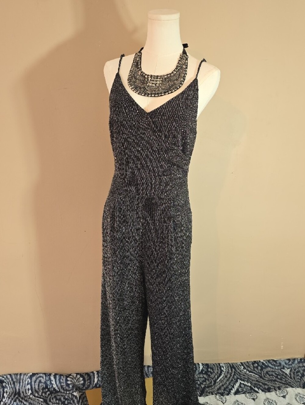 Skies Are Blue Black Sparkle V-Neck Wide-Leg Jumpsuit  With Disco Vibes.